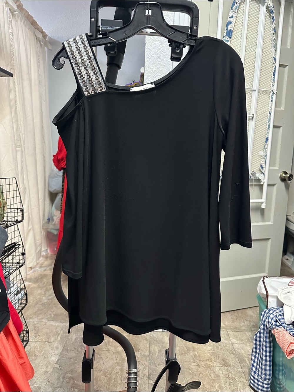 Joseph Ribkoff Black One-Shoulder Tunic with Embellished Strap